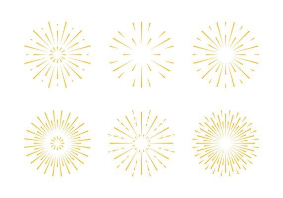 Sunburst set. Gold radial lines shape. Abstract fireworks in flat style isolated on white background. Bright pyrotechnic burst for festival design.