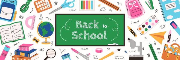 Back to School banner, poster, greeting card with blackboard, chalk handwritten text and student Supplies. Checkered background of paper notebook sheet. Education concept in flat style. vector