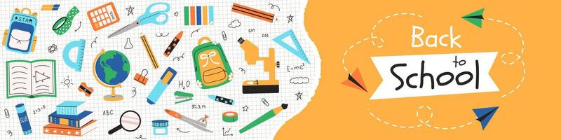 Back to School horizontal banner template in flat style. Long cover with Supplies and typography. Stationery goods for study. Backpack, microscope, pens, notebook sheet. Yellow background for sale vector
