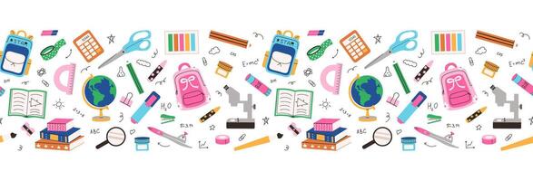 Education Seamless border. Supplies endless pattern. Back to School stationery background. Hand drawn backpack, microscope, pencil, notebook for banner card. illustration. vector