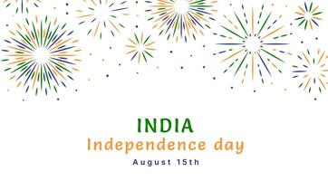 Independence Day of India August 15 banner with fireworks set. National patriotic holiday poster card flyer template with typography. Greeting card with flat style flag color glitter. Ashoka chakra vector