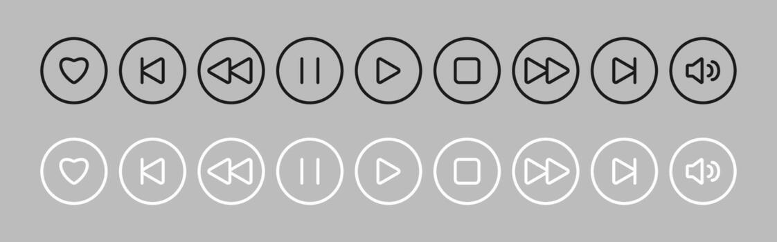 Music control outline icons set. Media player interface element with editable stroke. Audio app black and white Buttons in flat style. vector