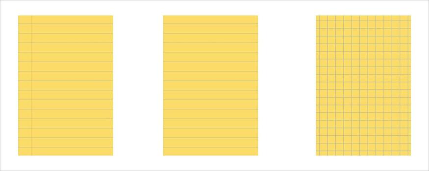 Set of Yellow Notepaper Templates . Lined, Narrow Ruled, and Graph Paper on White Background vector