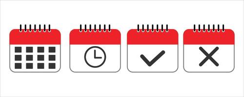 Set of Calendar Icons with Grid, Clock, Checkmark, and X. Planning and Scheduling Illustration vector