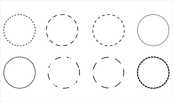Dashed Circle Pattern Set . Decorative Line Art Frames and Geometric Circular Borders on White Background