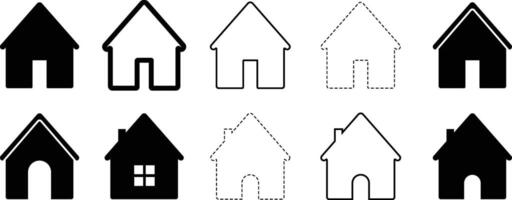 Set of House Icons in Solid, Outline, and Dashed Styles . Real Estate, Architecture, and Home Symbol Illustration vector