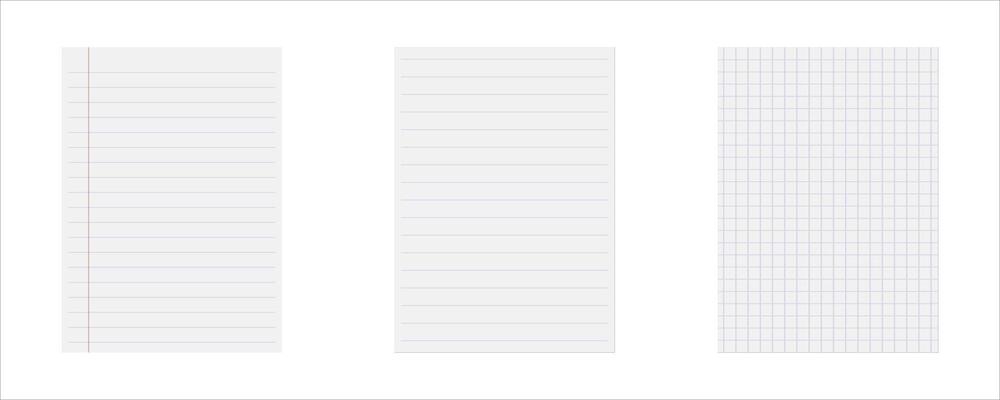 Set of Lined and Graph Paper Sheets . Notebook Templates for Writing, Drawing, and Planning on White Background