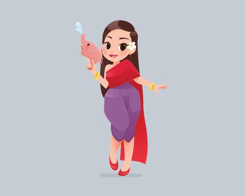 Smiling Thai woman in traditional dress celebrates Songkran with a water gun.