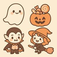 Halloween themed characters featuring a ghost, vampire, witch, and pumpkin in a playful design vector