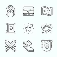Outline icon pack featuring ranking badges, treasure chest, map, and hero gear items designed for RPG and fantasy game UI components vector