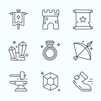 RPG icon pack Outline Style featuring banners, castle walls, magic scrolls, crystals, rings, archery items, crafting tools, and gems for fantasy game interfaces vector