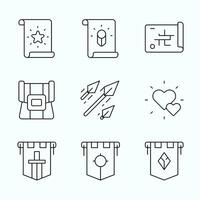 A outline RPG icon set featuring Character Classes and Reward Icons, and Extra Life, Inventory and Skill Arrow for fantasy game interface vector