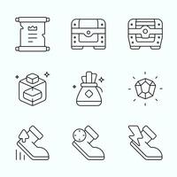 Outline Minimal Modern RPG icons featuring treasure chests, scrolls, gems, money bags, magic potions, and various speed boost shoes ideal for in-game UI and inventory elements vector