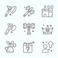 Outline Style RPG icon collection featuring battle axes, fantasy hammers, castle, crown, healing potions, and character upgrade symbols for fantasy game interface vector