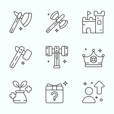 Outline Style RPG icon collection featuring battle axes, fantasy hammers, castle, crown, healing potions, and character upgrade symbols for fantasy game interface