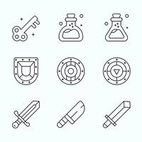 Icon Outline collection featuring fantasy RPG items including swords, potions, keys, and shields. Ideal for adventure game UI and mobile RPG interfaces vector