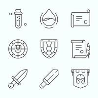 Outline Icon set of RPG icons featuring scrolls, swords, shields, potions, and banners. Perfect for fantasy adventure game UI, inventory, or quest design vector