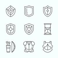 Outline Style RPG icons showcasing shields, armor, arrows, and hourglass timers. Perfect for role playing games, UI elements, and fantasy inventory design vector