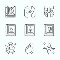 Outline Style Minimal collection of RPG themed icons including spellbooks, helmets, potions, weapons, and magical items, Ideal for game UI or mobile app elements vector