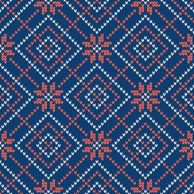 Winter knitted pattern. Nordic ethnic style ornament with snowflakes and rhombs. Background Holiday. Diamond pattern seamless texture.