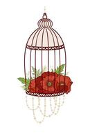 Bird cage with bloom poppies and other flowers. Boho style, romantic picture. Template for wedding design, bohemian party decor, illustration isolated on white. vector