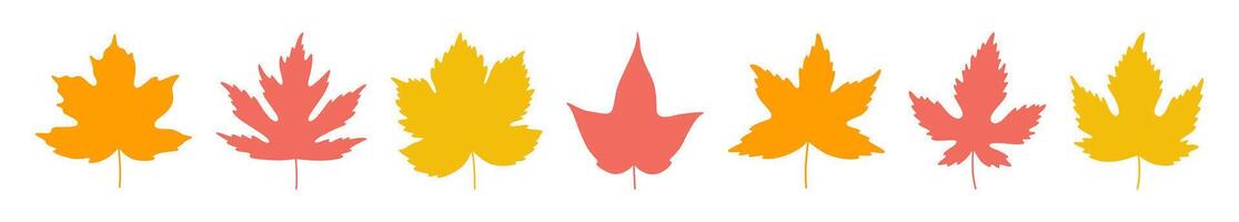Set of simple autumn yellow, red, orange maple leaves isolated on white background. Silhouette icons of flat leaves, illustration vector