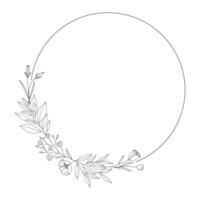 Frame of floral twigs with leaves and flowers. Wreath of branches, black outline, isolated on white. Botanical sketch, round garland for wedding decoration, and design projects, illustration vector