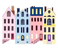 Old European street view with colorful facades, tiny buildings and roofs. Minimal illustration for traveling postcards, architecture art vector