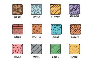 Diverse colorful patterns displayed in a grid. Each pattern, labeled with its type, showcases various textures and styles such as wood, water, striped, and more. Ideal for design reference vector