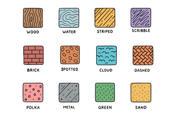 Diverse colorful patterns displayed in a grid. Each pattern, labeled with its type, showcases various textures and styles such as wood, water, striped, and more. Ideal for design reference