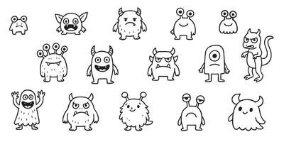 Big Set of isolated funny monsters with different emotions. Black and white illustration in doodle style. Hand drawn illustration vector