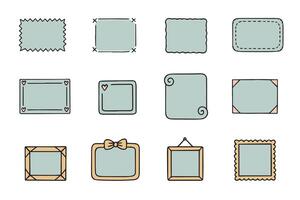 Collection of twelve unique decorative frames in various shapes and styles. This illustration showcases creative borders perfect for design projects or scrapbooking. vector