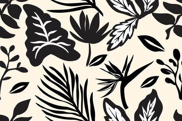 Seamless flowers background. Minimal abstract floral pattern. Modern print in black and white background. Perfect for textile design, wallpaper, covering, invitation cards and posters.