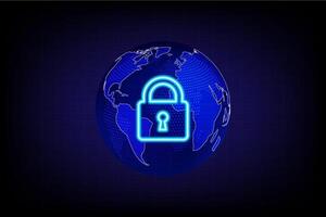 Glowing neon padlock icon over a digital globe, symbolizing cybersecurity, data protection and global network privacy vector