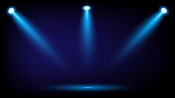 Three blue spotlights separated from top, left and right with shadows on black background, Suitable for use on stage or clip art vector