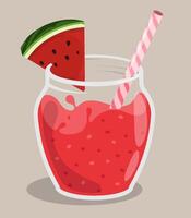Watermelon cocktail splashing in glass with striped straw. Refreshing fruit juice in hot summer. Cartoon image isolated on pink background vector