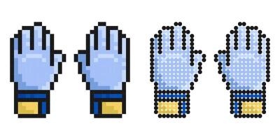 Pixel icon. Goalkeeper gloved hands. Football goalie gear to protect football goals. Simple retro game image isolated on white background vector