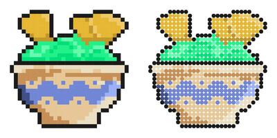 Pixel icon. Bowl of spicy mexican guacamole sauce. Spicy chips, appetizer for main course. Simple retro game isolated on white background vector