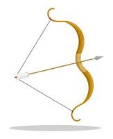 cartoon Hunting bow with strung bowstring and arrow. Archery or hunter tool. Medieval weapon item of ancient warrior. Isolated image on white background vector