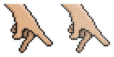 Pixel icon. Human hand shows hitting the ball. Gesture of playing with small ball on table or toy sports field. Simple retro game image isolated on white background vector