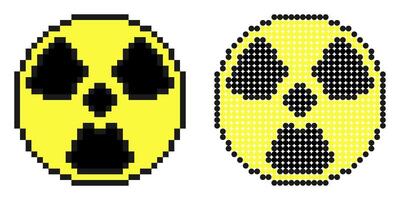 Pixel icon. Radioactive hazard signs on yellow background. Simple retro game image isolated on white background vector