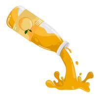 Orange juice is pouring from an open bottle. Cool fruit drinks in hot summer weather. Cartoon image isolated on white background vector