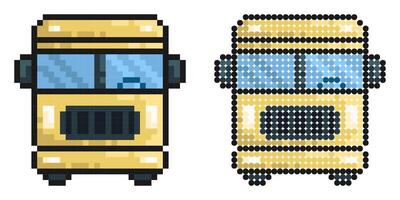 Pixel icon. American school bus. Transport for transporting children to school. Simple retro game image isolated on white background vector