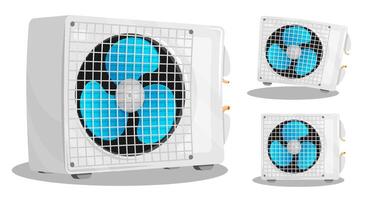 Air conditioner unit with three bladed fan. Room cooling and heating. Maintaining comfortable temperature in office. Cartoon image isolated on white background vector