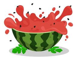 Sliced watermelon with splashes and waves of watermelon pulp and juice. Cartoon realistic image isolated on white background vector