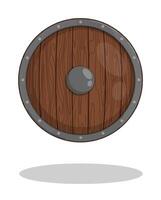 Round Scandinavian shield made of wood, reinforced with iron inserts on rivets. Element of protection of ancient viking. Cartoon isolated on white background vector