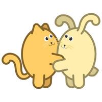 Small fluffy kitten and rabbit with long ears hug each other. Symbols of 2023. Cartoon image isolated on white background vector