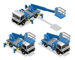 Isometric machine with telescopic boom for lifting workers in basket to height. Transport for high altitude work. Realistic 3D image isolated on white background vector