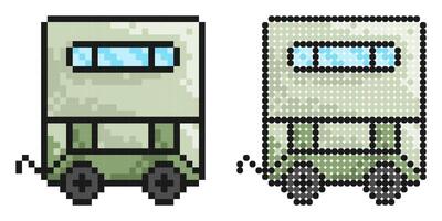 Pixel icon. Trailer for transporting building materials and animals. Working on farm, transporting goods by car. Simple retro game isolated on white background vector