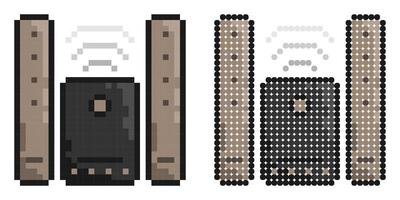 Pixel icon. Home acoustic system with speakers. Premium home cinema equipment. Simple retro game image isolated on white background vector